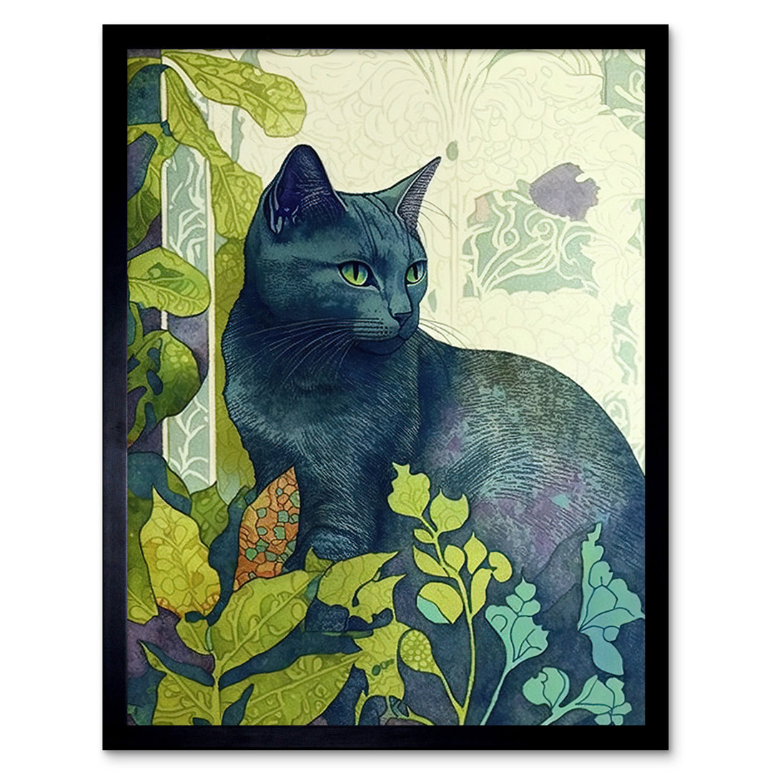 Russian Blue Cat With Bright Ornate Plants Modern Nouveau - Single Picture Frame Print
