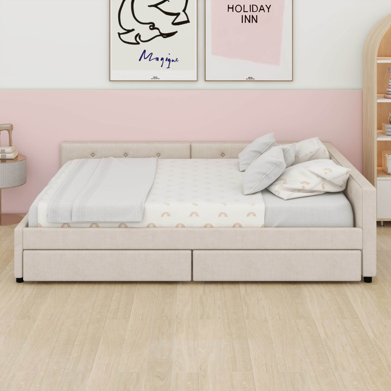 Daybed Upholstered With 2 Drawers And USB, L-Shaped Sofa Bed, Linen Tufted Platform Bed, Queen
