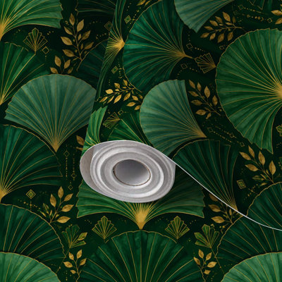 Papier contact auto-adhésif Éléments dorés sans soudure vert foncé Impression sur tissu de style Art déco auto-adhésif et amovible 24 po x 118 po (60 x 300 cm)