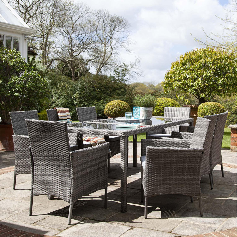Ahmid 8 - Person Wicker Patio Dining Set with Rectangular Table , Cushions Included, Grey, No