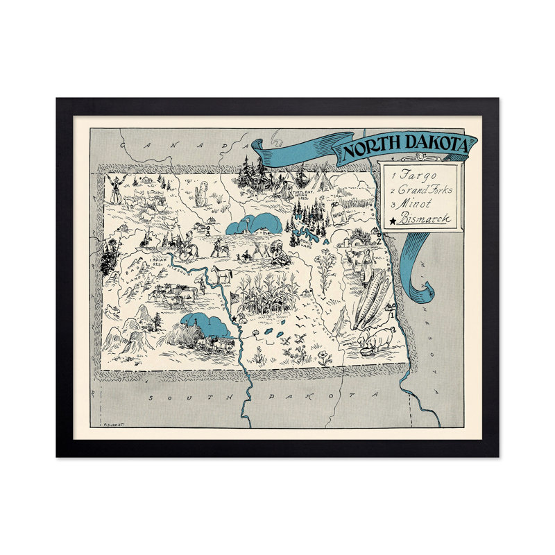 Carte illustrée de North Dakota, H 18 po x l 24 po, Affiche, Cadre noir