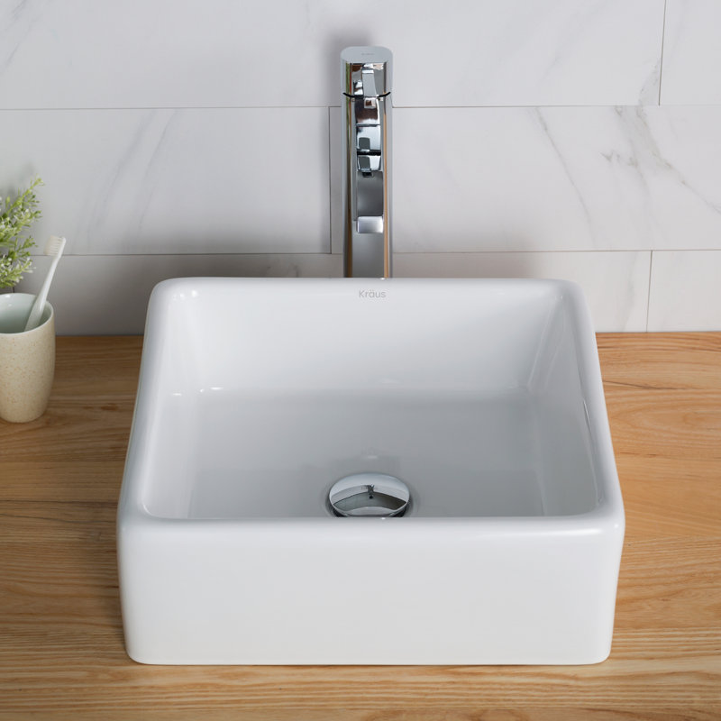 Ceramic Square Vessel Bathroom Sink with Faucet, Chrome