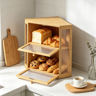 Boîte à pain de coin pour comptoir de cuisine, contenant de rangement en pain de bambou à double couche avec panneau de porte ondulé en acrylique, grande boîte à pain de ferme, organisateur sous l'armoire