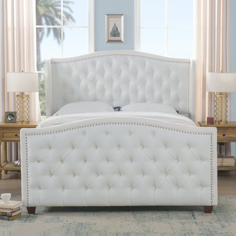 Coleman Upholstered Wingback Bed, Bright White Velvet, Queen