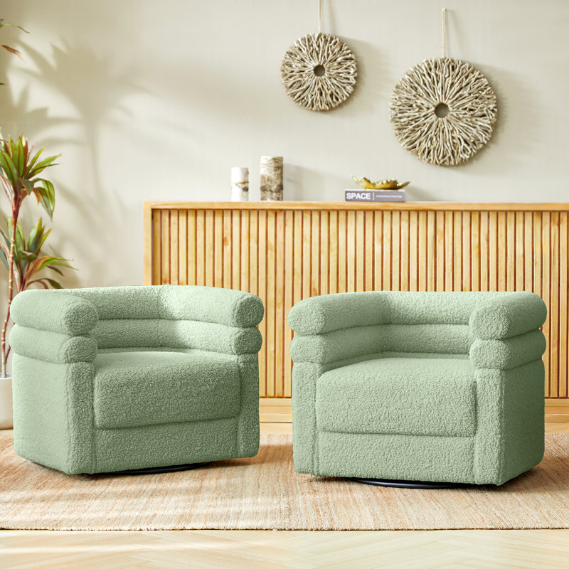 Lanel Modern Boucle Swivel Barrel Chair with One Accent Pillow (Set of 2), Beige Polyester
