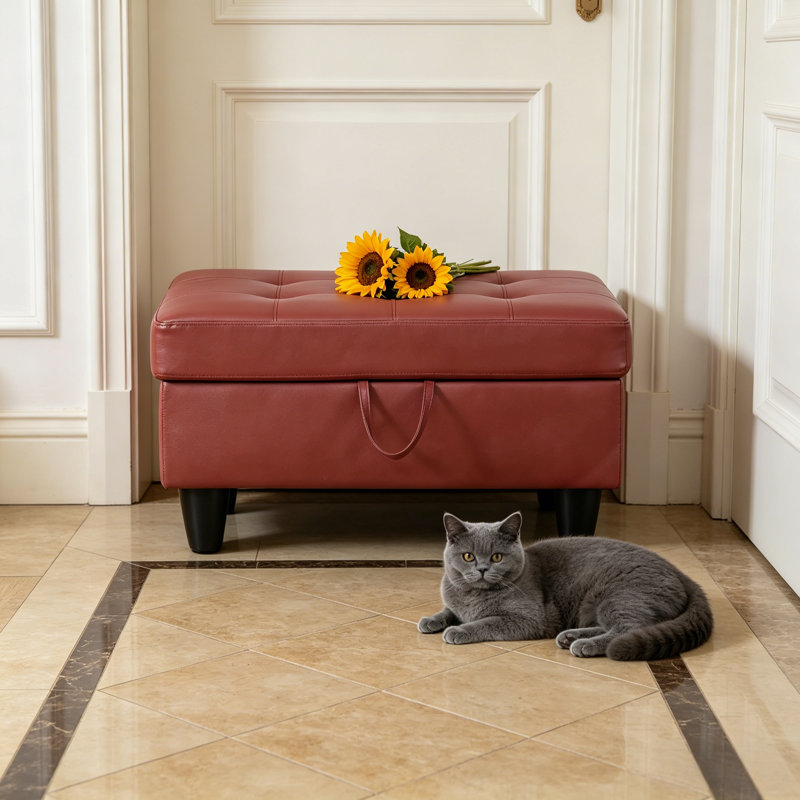Faux Leather Ottoman, Red Faux Leather