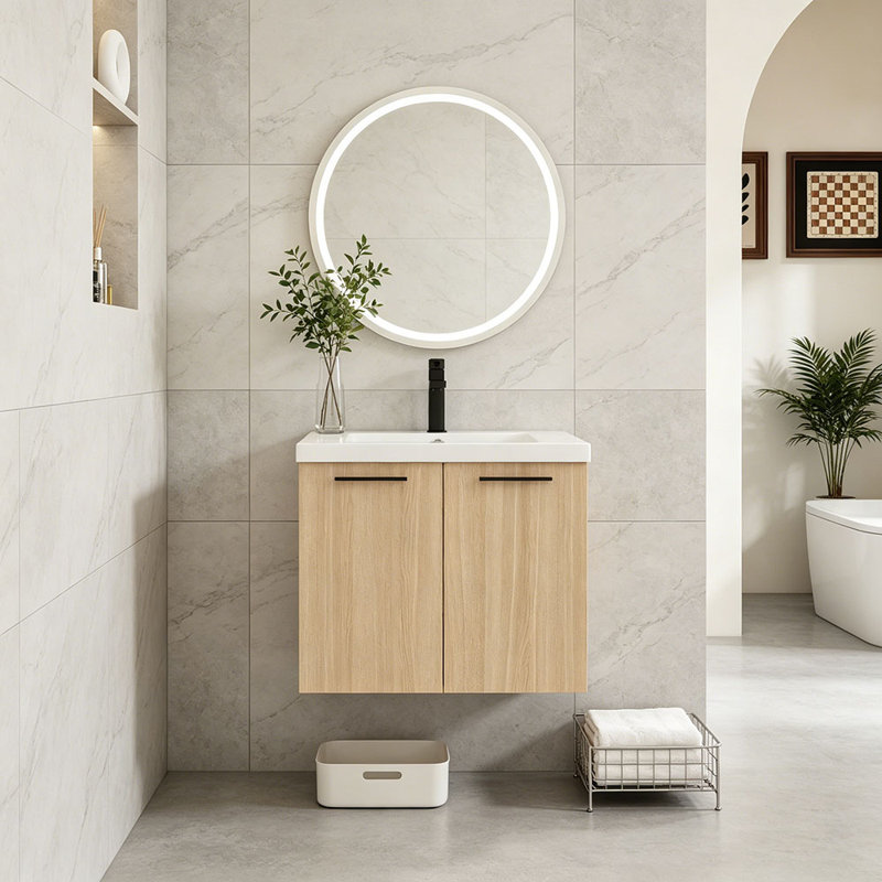 Meuble-lavabo flottant 24 po avec lavabo, armoire en contreplaqué de chêne clair, rangement à double porte mural, avec comptoir en résine (ensemble de 2 pièces)