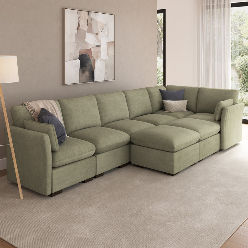 Stedman Modular 5-Seater Sectional With Set Of 2 Storage Ottomans, Living Room Furniture, Soft Green Polyester