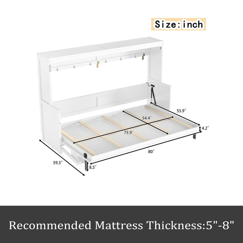 Lit escamotable avec bureau, station de charge USB, lumières DEL, Full , Blanc