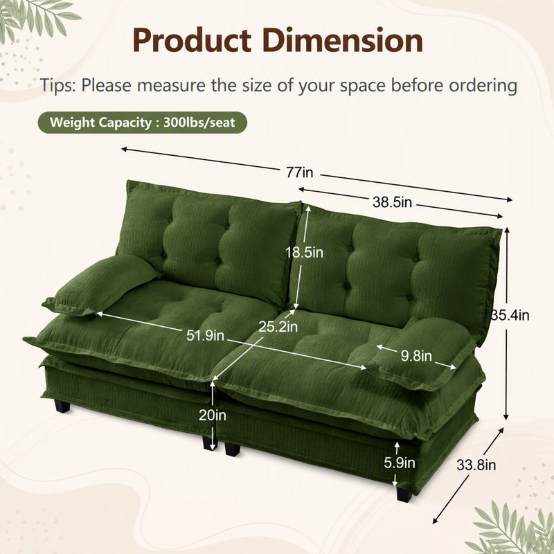 Canapé d'angle moderne de 195 cm (77 pouces) pour salon et chambre, canapé confortable effet nuage avec coussins d'assise à structure ajourée, tissu chenille respirant, vert