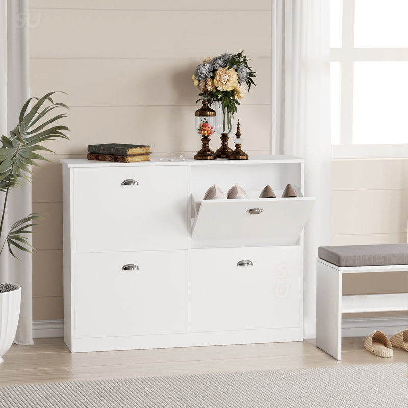 Hidden Slim Narrow Shoe Rack Cabinet With 4 Drawers For Entryway, Foyer, Hallway, And Bedroom, White