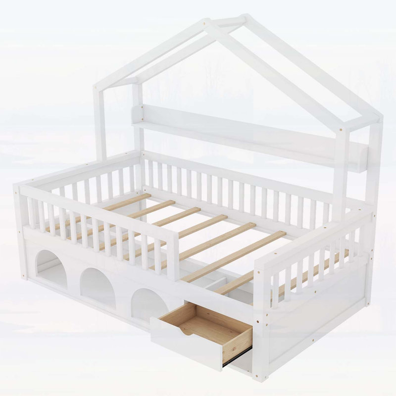 Cadre de lit simple pour enfants avec garde-corps de sécurité, rangement sous le lit et veilleuse à DEL, parfait pour un sommeil créatif et sécuritaire