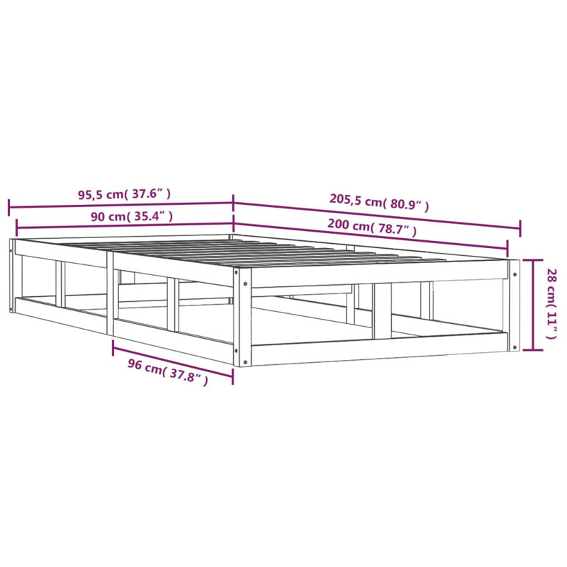 Bed Frame Solid Wood, Brown, 95.5 x 205.5 cm