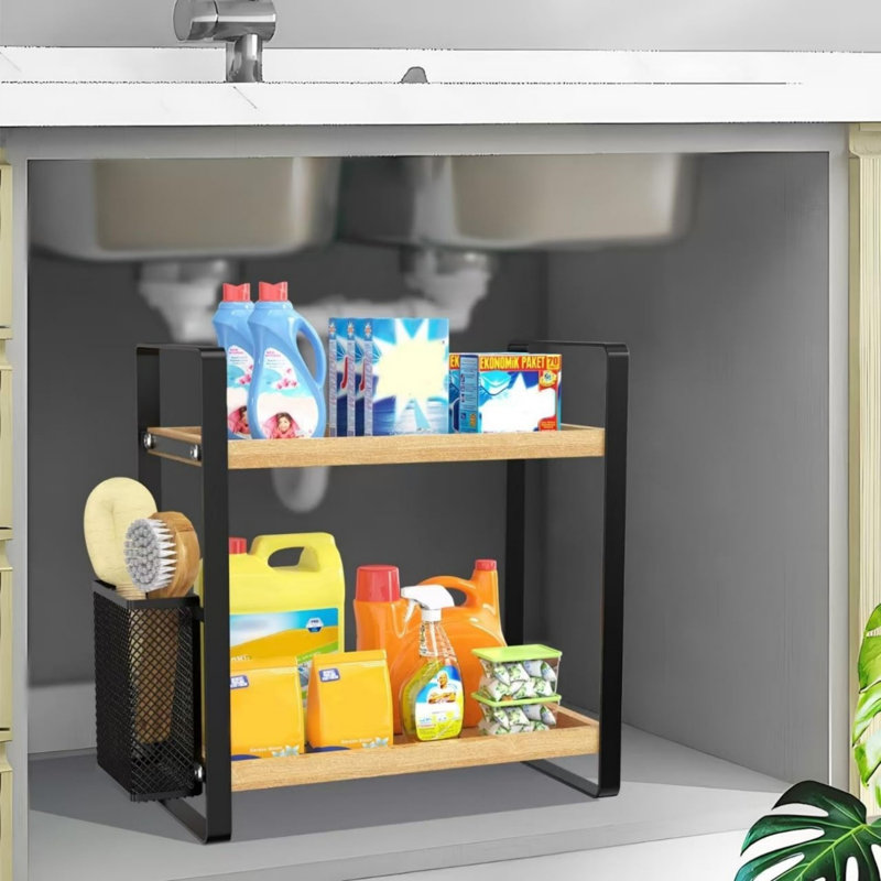 Support de rangement de comptoir de salle de bain en bois 2 couches avec paniers de rangement