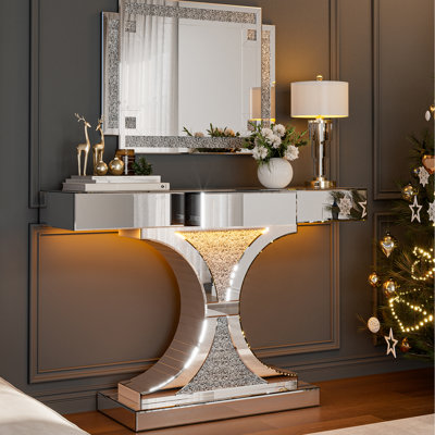 Mirrored Console Table With Led Light, 47.2'' Long Entryway Sofa Table With C-shaped Base, Modern Accent Narrow Table With Large Drawer For Living Room, Hallway, Foyer, Entrance