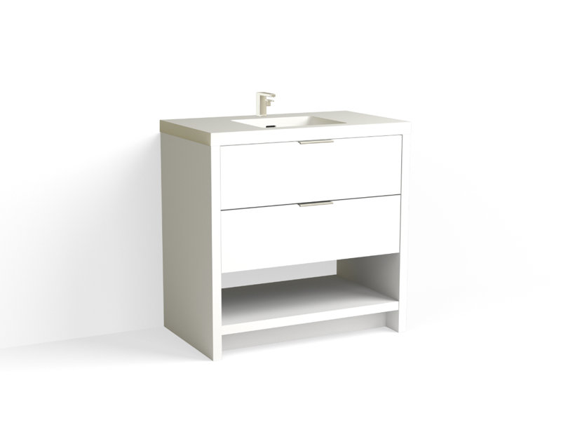 Vue 36" W Freestanding Single Bathroom Vanity, Matte White/Single, Matte Black, White Nanomatte