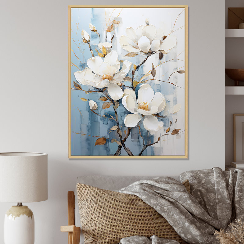 «Blue and White Magnolias Flowers Harmony II», reproduction sur toile, Cadre photo argenté, H 32 po x l 24 po