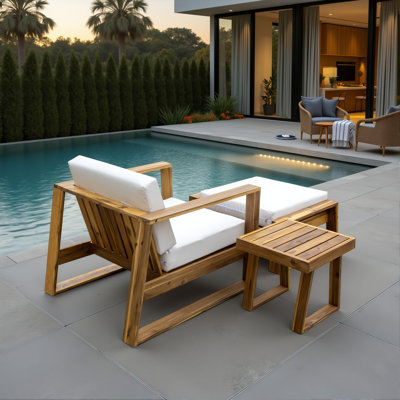 Modern 3-Piece Acacia Wood Outdoor Lounge Set With Deep Seating Cushions, Patio Chair With Ottoman And Side Table by Lark Manor