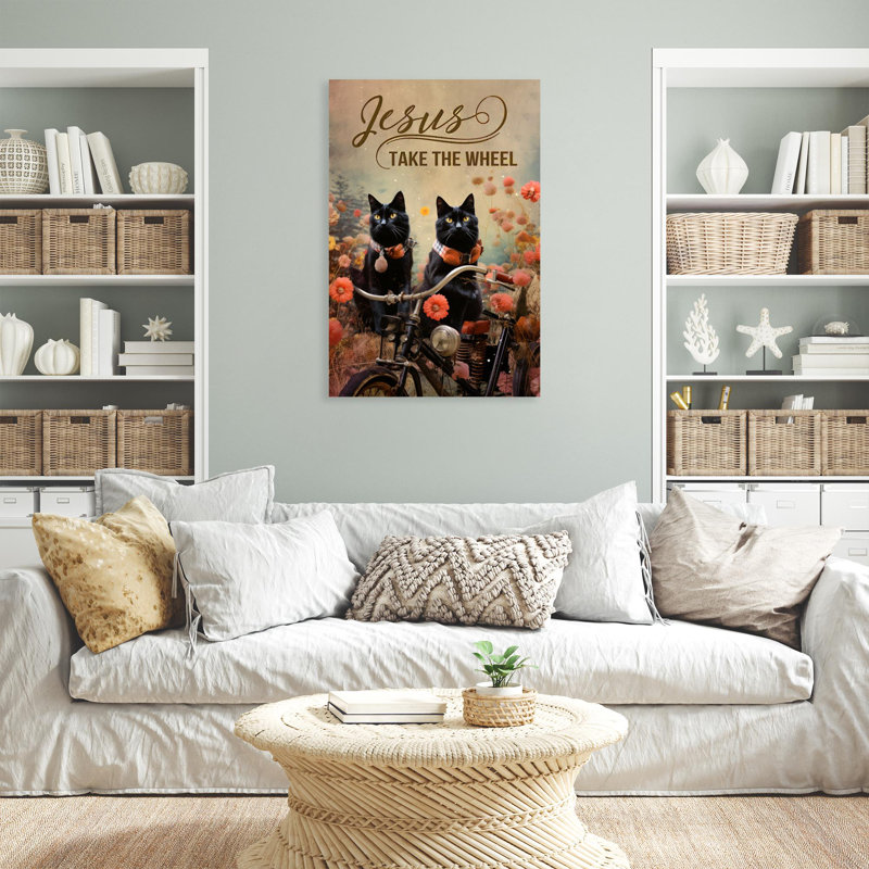 «Black Cat Jesus Take The Wheel», reproduction d'art rectangulaire sur toile tendue 1 pièce, H 36 po x l 24 po x P 1,25 po