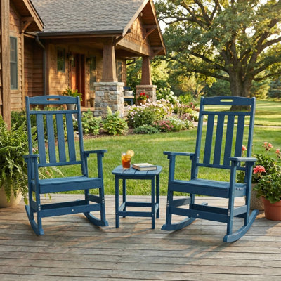 3-Piece Outdoor Rocking Chair Set, 2 HDPE Porch Rockers With Side Table, All-Weather Patio Conversation Set