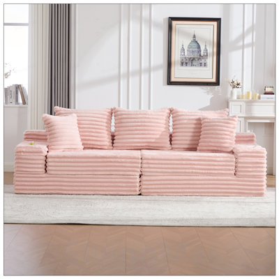 Oversized Four-Seater Corduroy Sofa Bed with Cup Holders, Side Pockets, and Multiple Pillows for Ultimate Comfort and Convenience