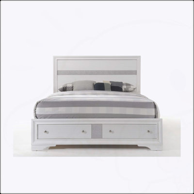 Naima White Finish Queen Bed with Storage, No Box Spring Needed, Durable and Stylish Low Profile Design