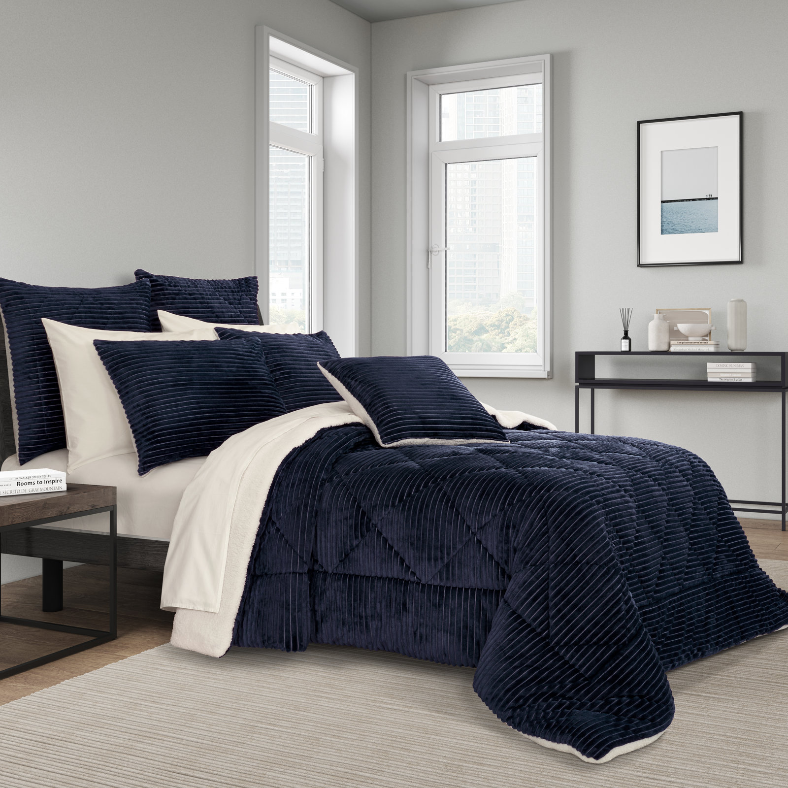 Everett Cotton Comforter Set, Queen Comforter + 2 Standard Shams, Navy