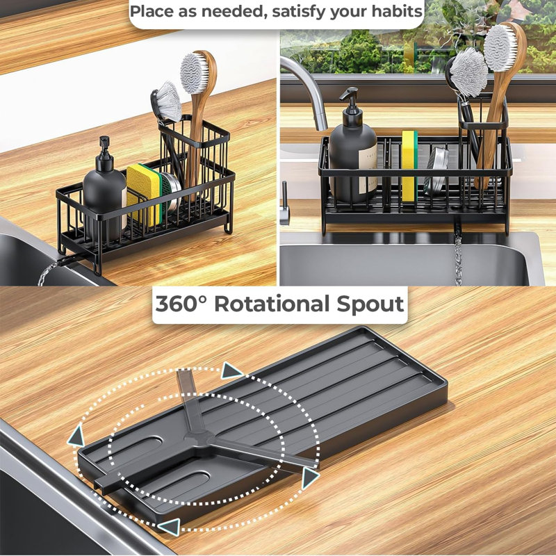 Stainless Steel Kitchen Sink Caddy Organizer With Draining Tray, Rustproof Sponge Holder For Sink, Adjustable Compartments, Space-Saving Design