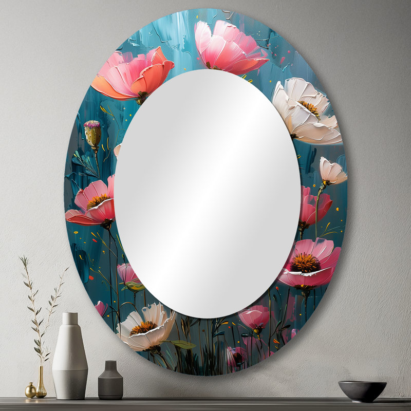 Pink White Vibrant Symphony Poppies II - Modern Oval Wall Mirror, 43" x 33"