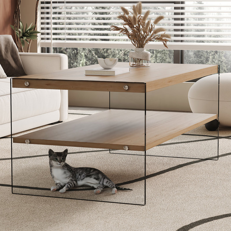 Table basse polyvalente à double couche rectangulaire pour divers réglages, Bois naturel
