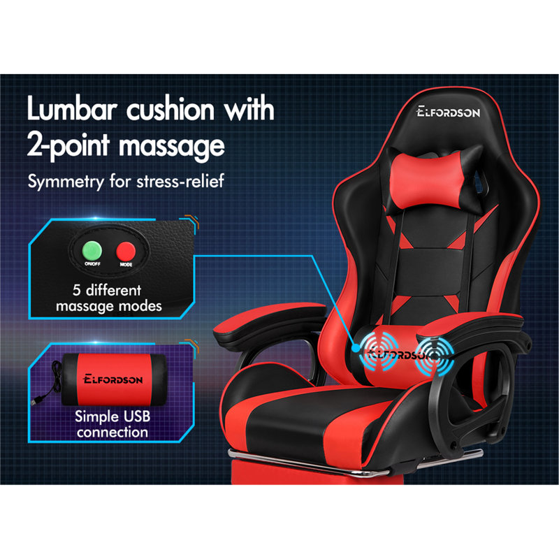 ELFORDSON Xavier Adjustable Reclining Faux Leather Swiveling PC & Racing Game Chair with Footrest, Red