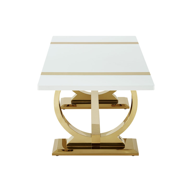 Table basse de style contemporain avec table à tréteaux et plateau rectangulaire, Plateau blanc / base or