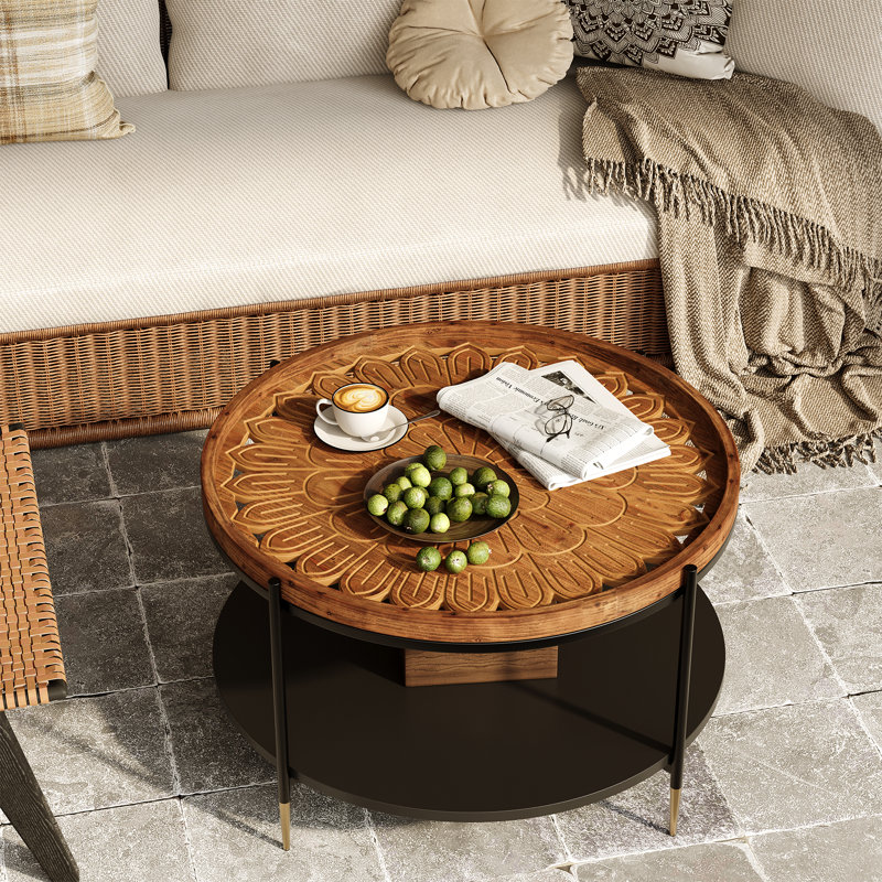 31.5-Inch Solid Wood Round Coffee Table, Boho Living Room Coffee Tea Table with Metal Storage & Carved Floral Pattern