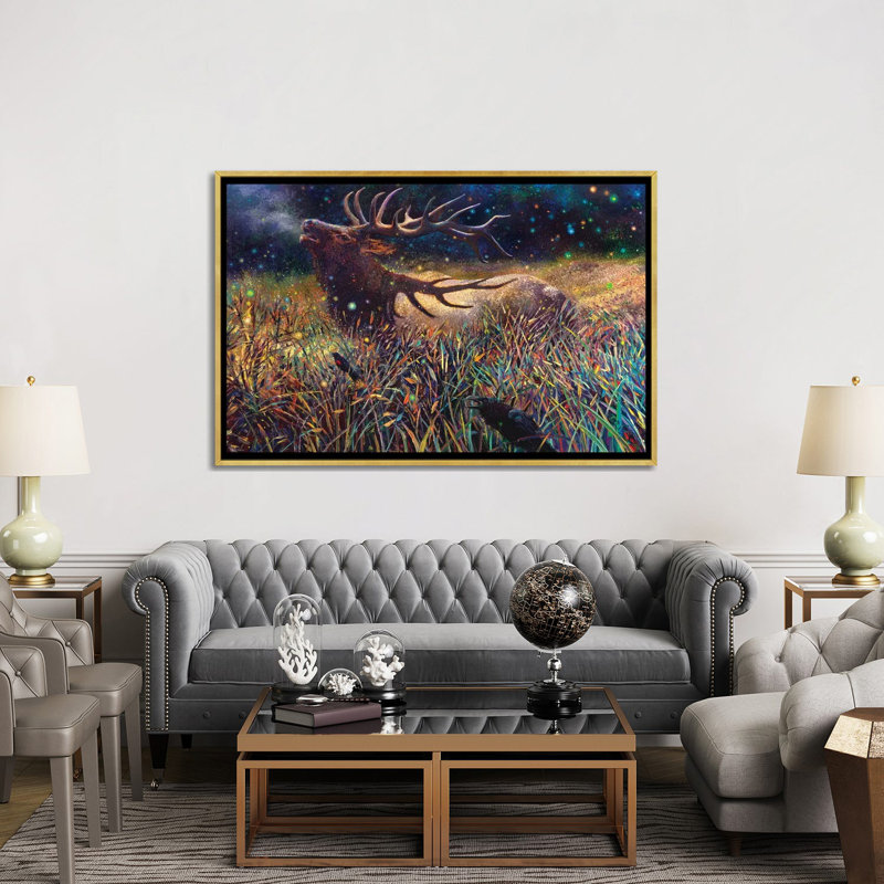 « Wapiti » par Iris Scott-impression d’art graphique, H 40 po x l 60 po x 1,5 po, Toile encadrée d'or, Pas de tapis