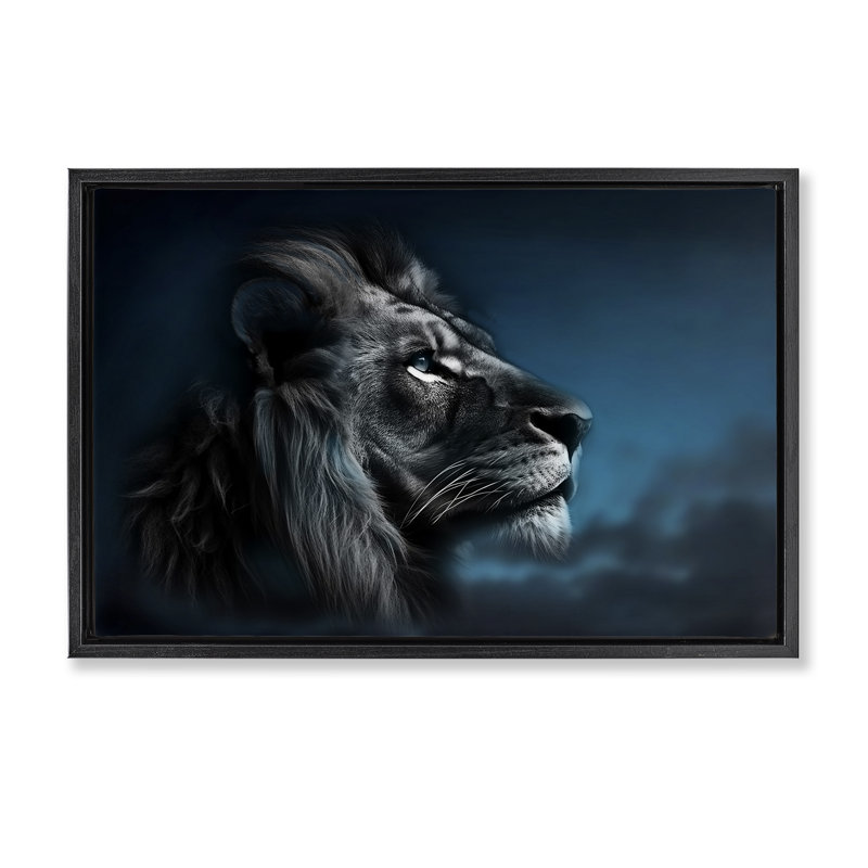 Toile flottante encadrée Intense Gazing Lion par CAD Designs, Cadre flottant noir de jais, H 21 po x l 31 po