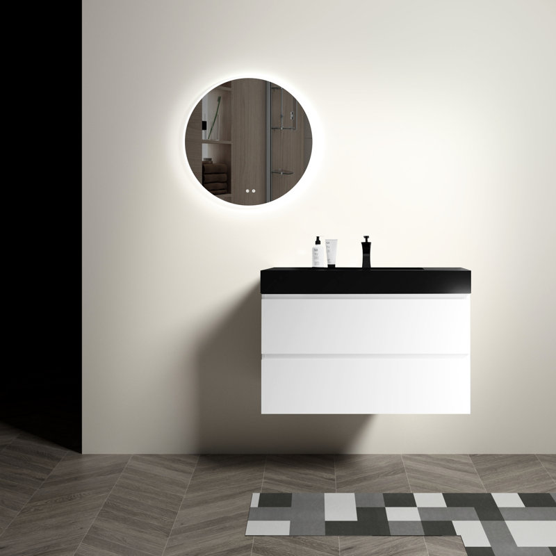 36" Bathroom Sink Vanity - White Wall Mounted Modern Charismatic Design, Large Storage, Silent Drawers Matte, Black Basin, And Seamless Design