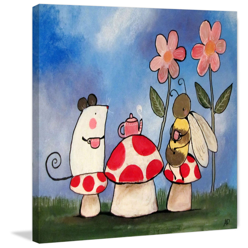 « champignon tea party » par andrea doss, reproduction d’art sur toile tendue, H 32 po x l 32 po x P 1,5 po