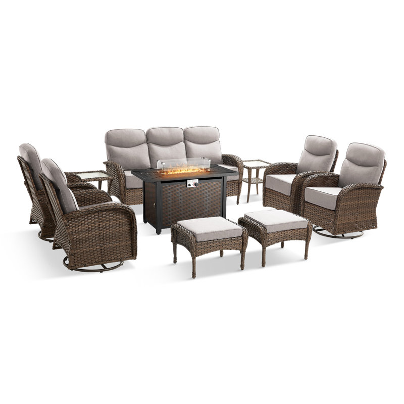 Himonia 10-Piece Outdoor Patio Furniture Set With Rectangle Metal Fire Pit Table, Rattan Wicker Swivel Gliders Set With 6" Thick Cushions