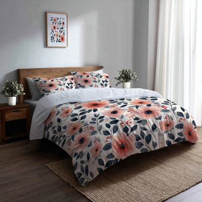 Girls Garden Bedding Set 3 Pcs - Nature Botanical Flower Garden Twin Duvet Cover And Throw Pillow Set