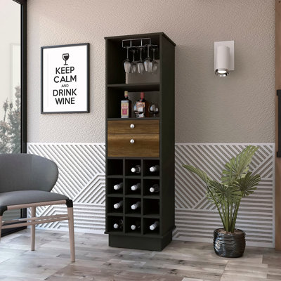 Armoire de bar 1 tablette 12 tiroirs Wengé et noyer