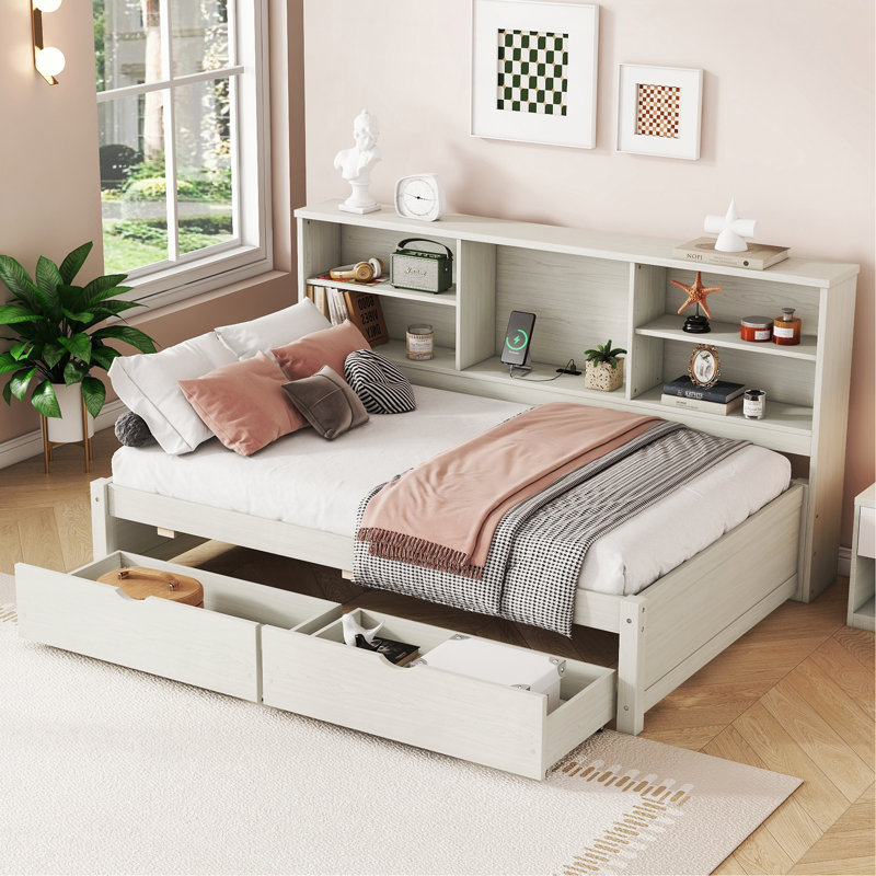 Cadre de lit simple avec tablettes latérales, deux tiroirs et port USB intégré pour une couleur blanc crème