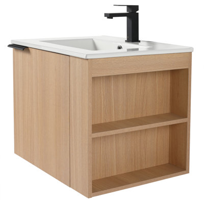 Ebern Designs 24" Elmridge Modern Bathroom Vanity with White Ceramic Sink - Wide Open Right Side Shelves