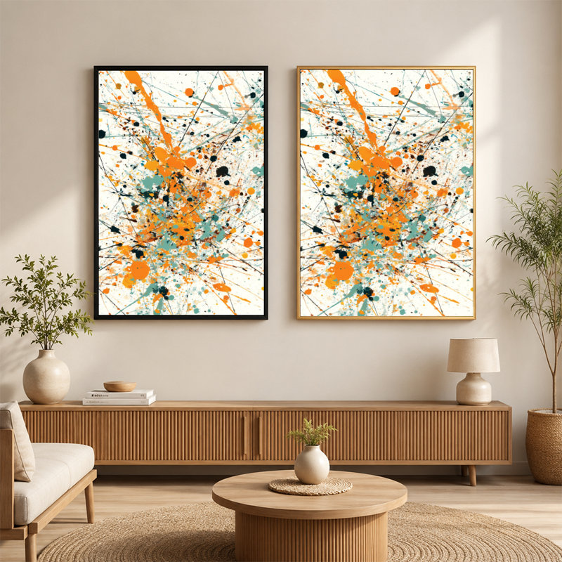 Toile abstraite orange, bleu sarcelle, éclaboussures noires avec cadre flottant, prête à être accrochée, 16 x 24 po, Doré