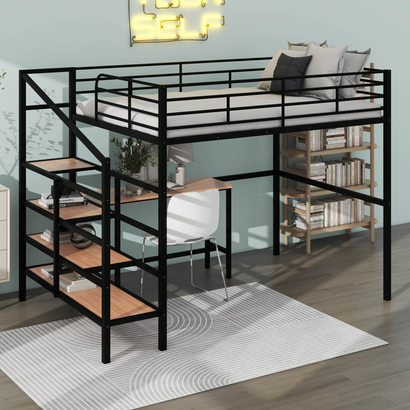 Full Size Metal Loft Bed With Desk And Lateral Storage Ladder, Black