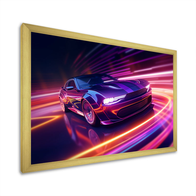 «Neon Light American Muscle Car II», reproduction sur toile, H 16 po x l 32 po x P 1 po, Cadre doré simple