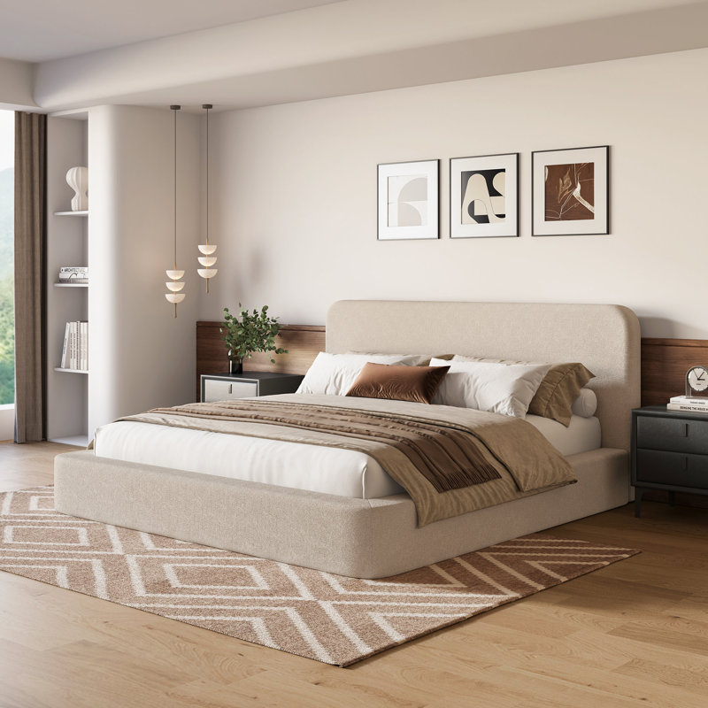 Lit plateforme tapissier grand beige avec support à lattes, aucun sommier nécessaire, lit à profil bas moderne et silencieux