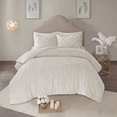 Ensemble d'édredon 3 pièces médaillon en chenille de coton capitonné blanc cassé / grand