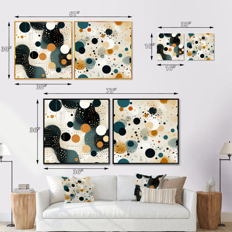 Industrial Chic Polka Dots Pattern - Abstract Shapes Square Collage Set Of 2, 16" H x 33" W, Black Floater Framed