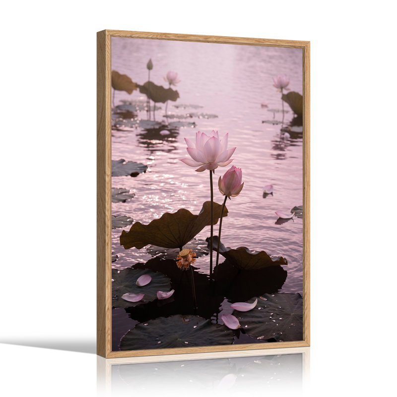 Art sur toile, fleurs de lotus rose et nénuphars, H 24 po x l 18 po