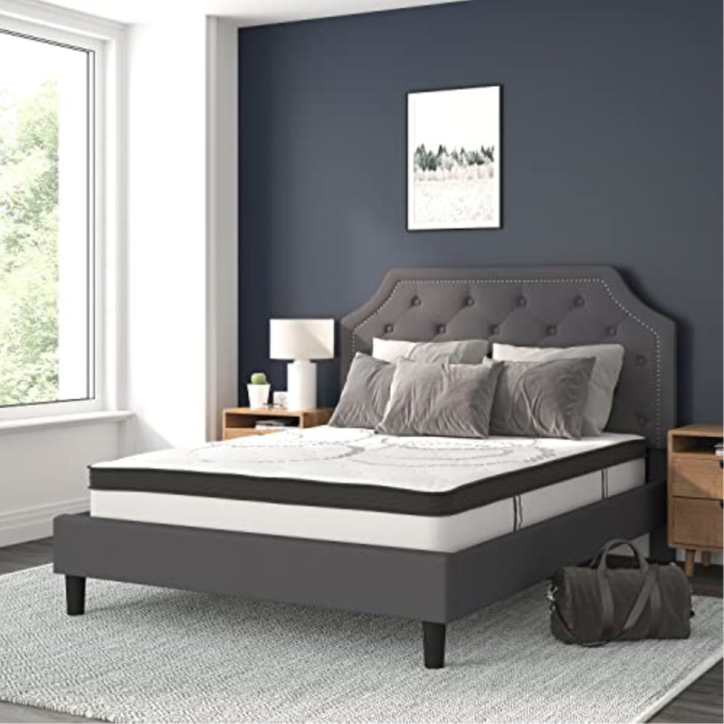 Aluino Tufted Platform Bed with 10 Inch Pocket Spring Mattress, Queen, Dark Gray